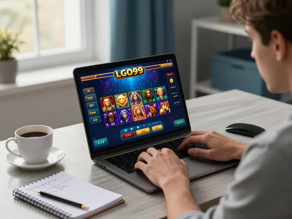 LGO99 player enjoying an online gambling session, showcasing progressive jackpots and strategy notes.