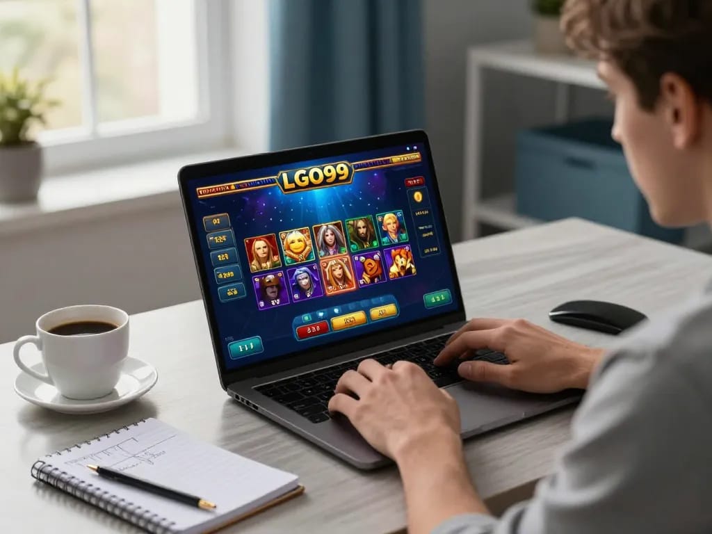 LGO99 player enjoying an online gambling session, showcasing progressive jackpots and strategy notes.