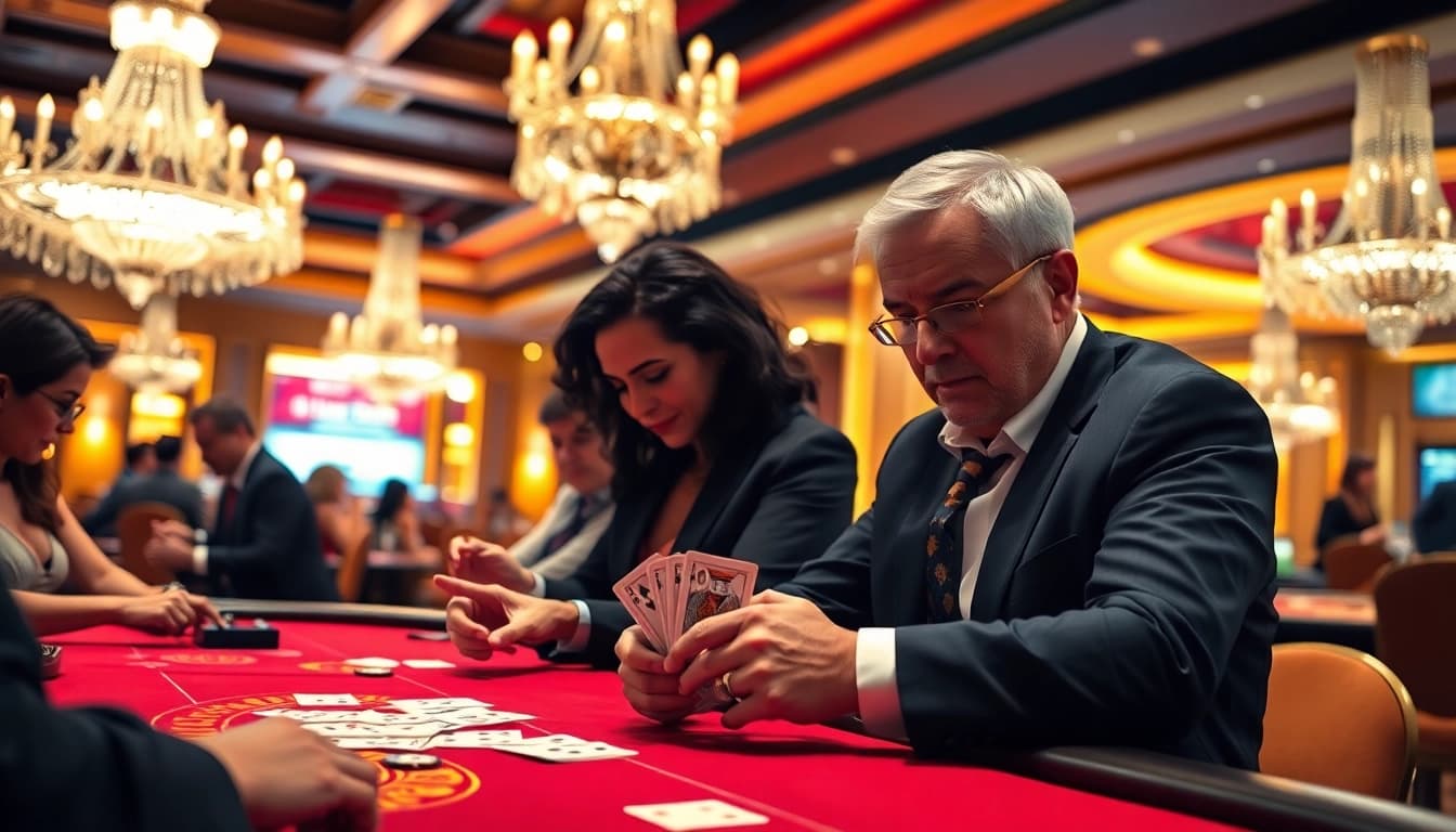 Permainan judi situs mpo500 dengan pemain yang bersemangat di meja poker mewah.