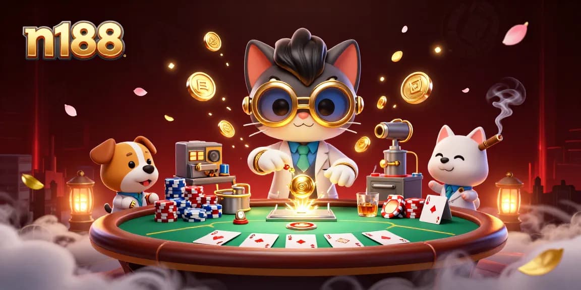 Experience the excitement of n188 with dynamic poker action and whimsical characters in a vibrant casino atmosphere.
