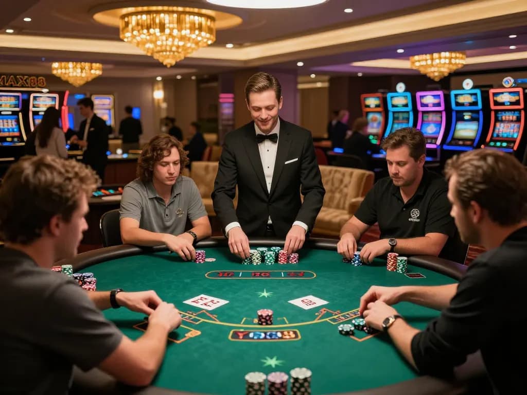 MAX88 players strategizing their next moves at luxurious blackjack tables in a vibrant casino.