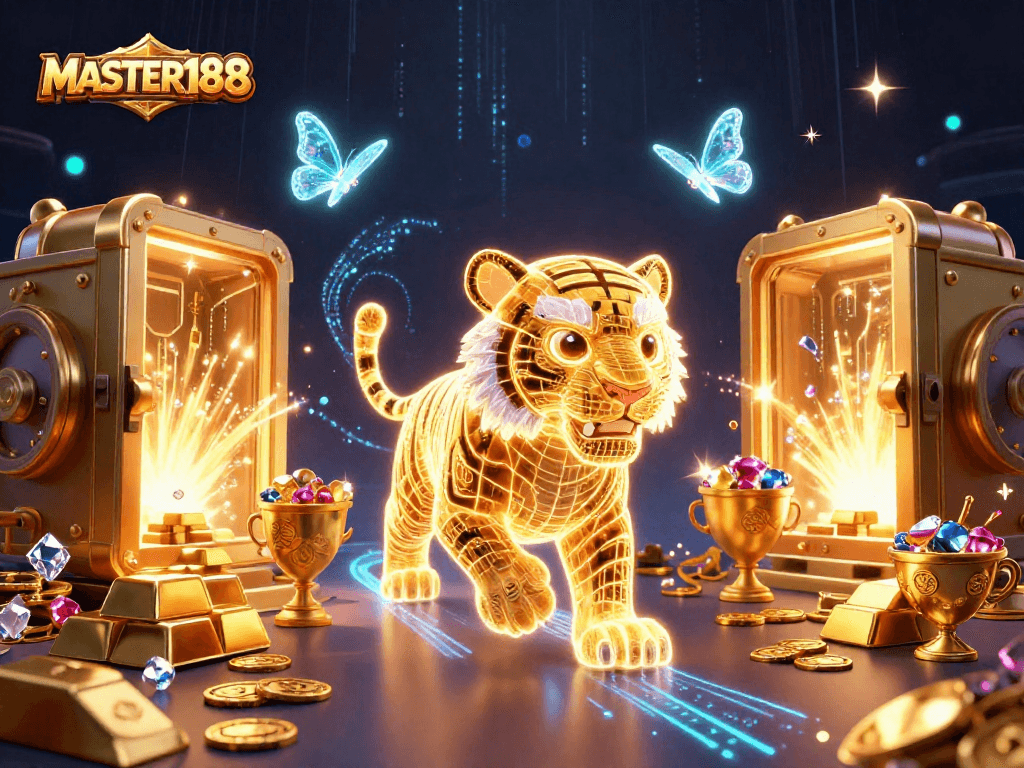 Master188 enhances excitement with a golden tiger in a dynamic casino landscape.