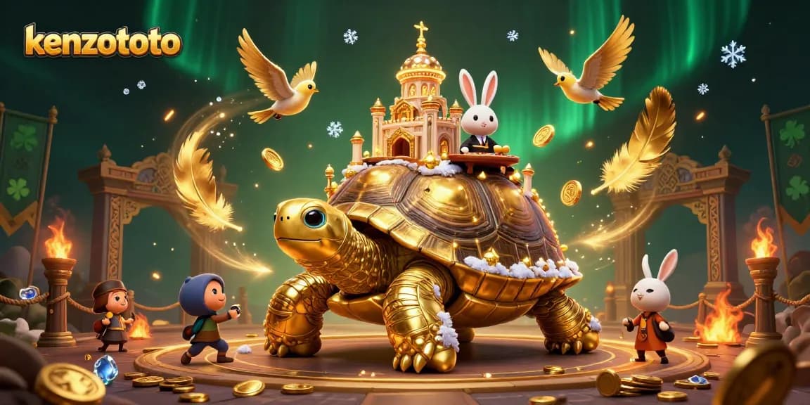 Kenzototo's vibrant 3D illustration captures a golden tortoise casino with dynamic gameplay elements and enchanting characters.