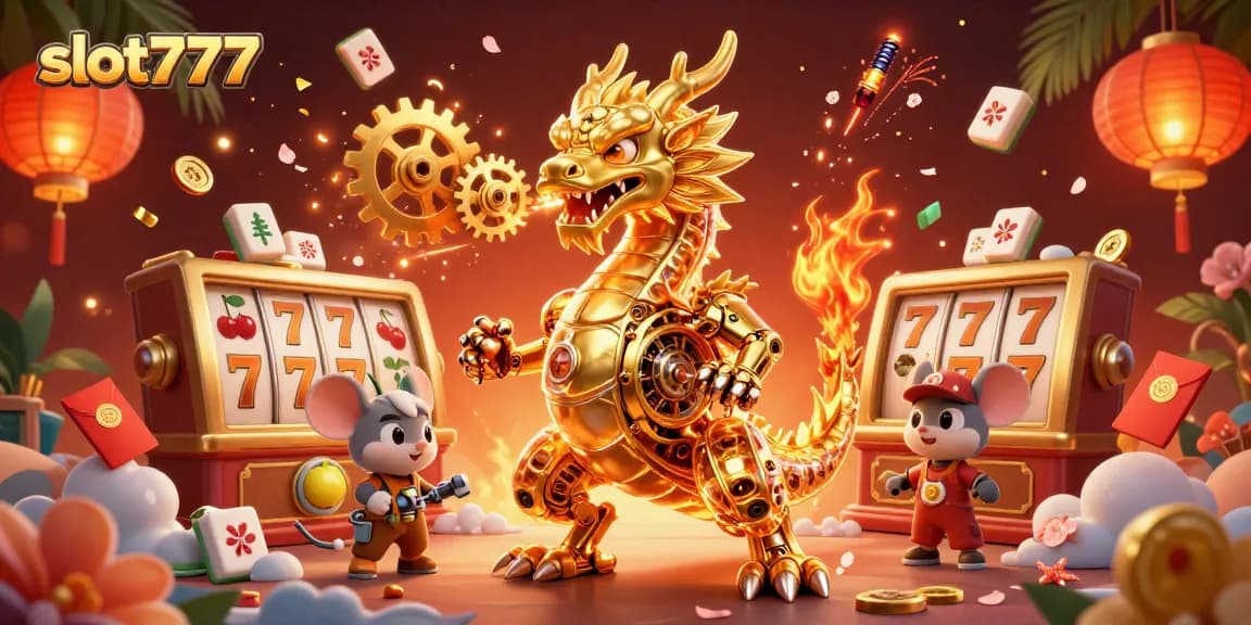 Experience the thrill of slot777 with vibrant slots and a golden dragon in an animated casino scene.