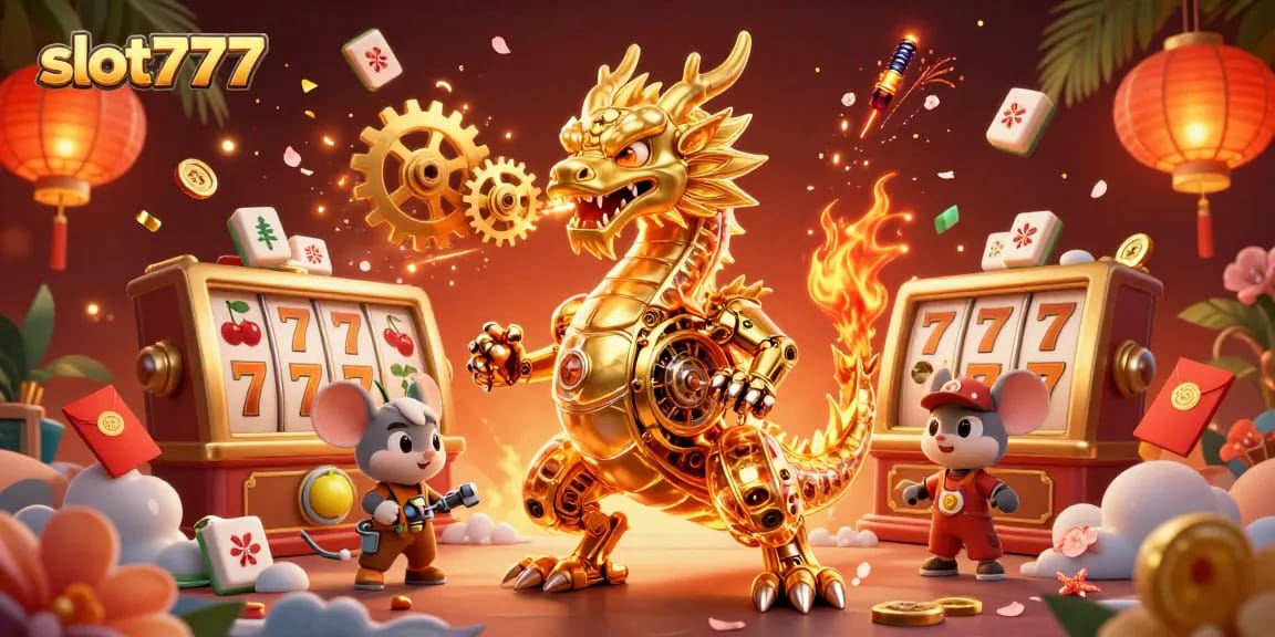 Experience the thrill of slot777 with vibrant slots and a golden dragon in an animated casino scene.