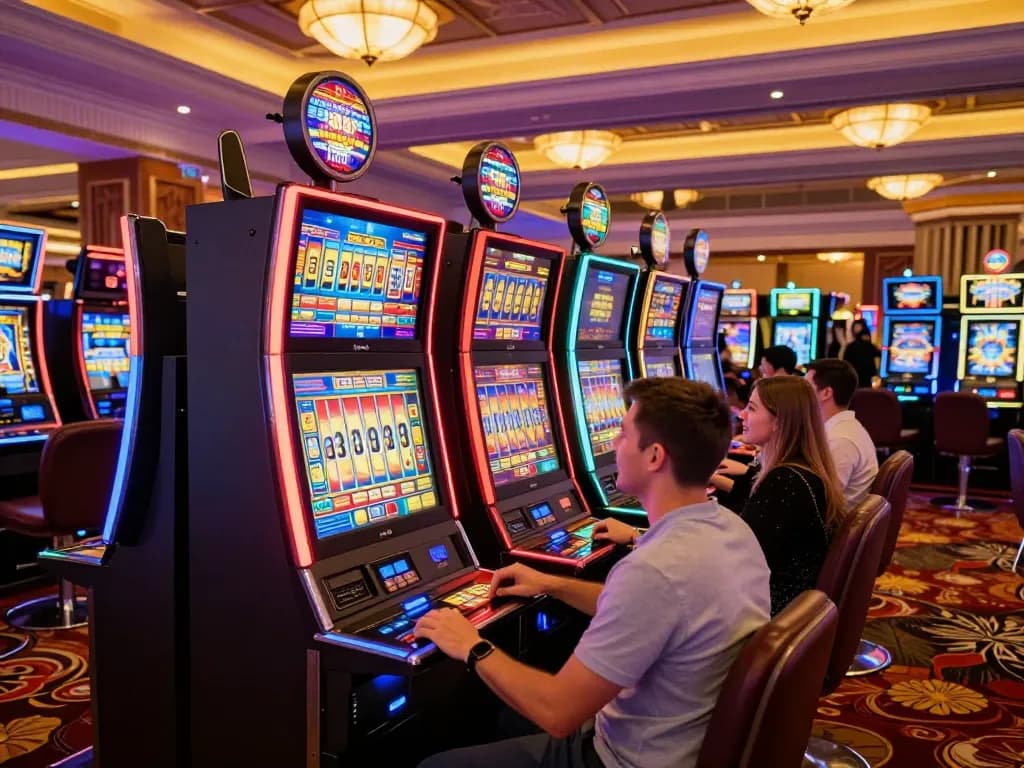 Players enjoying a lively slot area with colorful machines and vibrant lights