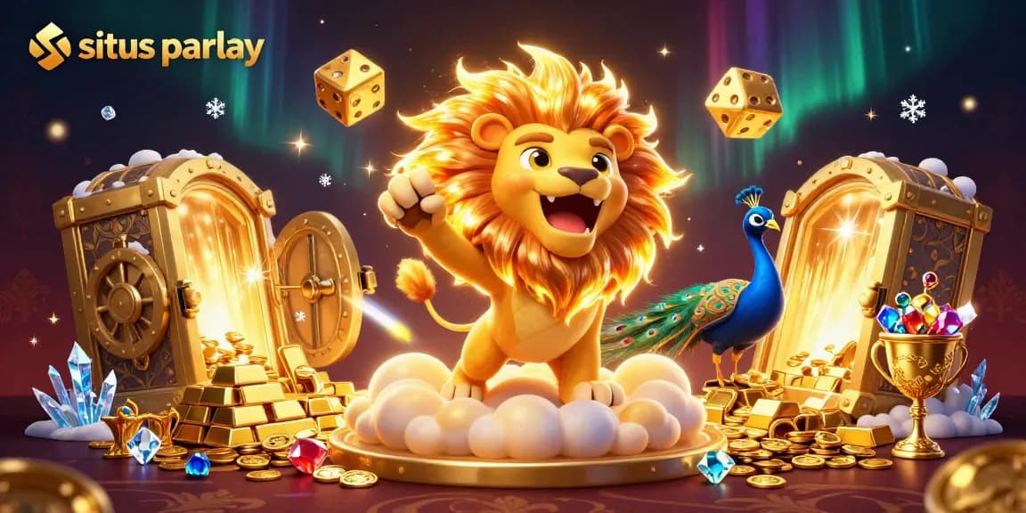 Bet on situs parlay with the roaring lion and dazzling treasures in an enchanting casino scene.