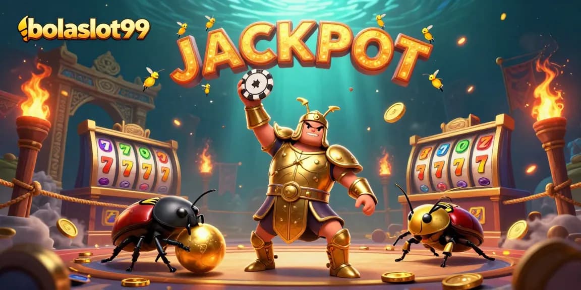 Bolaslot99 showcases a victorious hercules beetle lifting a chip in a vibrant 3D gambling scene.
