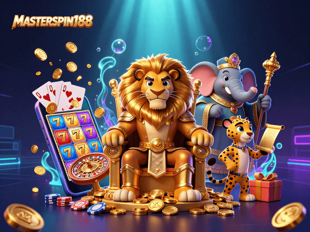 Experience MASTERSPIN188 excitement with a vibrant 3D casino scene of royal figures and gaming elements.