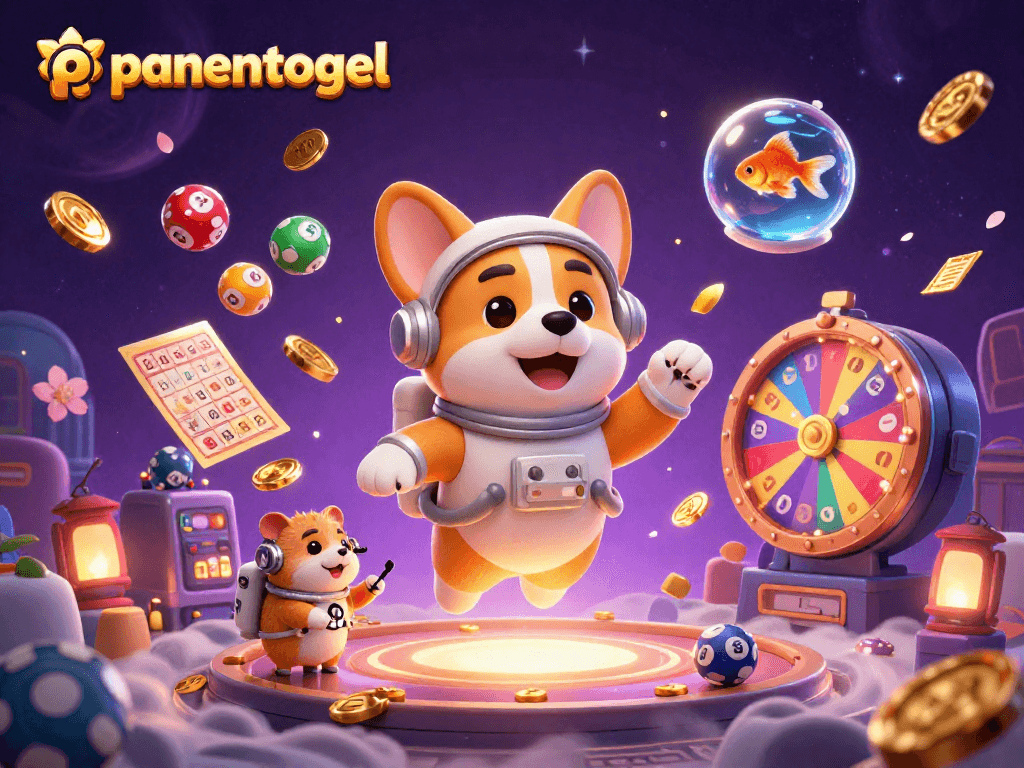 Experience thrilling panentogel action with floating lottery balls and vibrant casino elements in space.