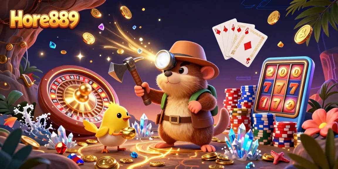 Experience fun with Hore889: a 3D scene of characters mining treasures in a vibrant casino setting.