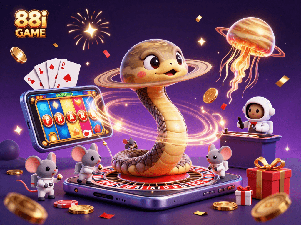 Engage in thrilling gameplay with 88i GAME as snakes spin roulette, mice bet, and coins burst!