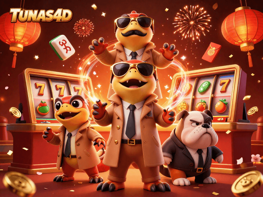 TUNAS4D reveals thrilling slot gaming action with raptors trying to access a VIP lounge in this vibrant casino scene.