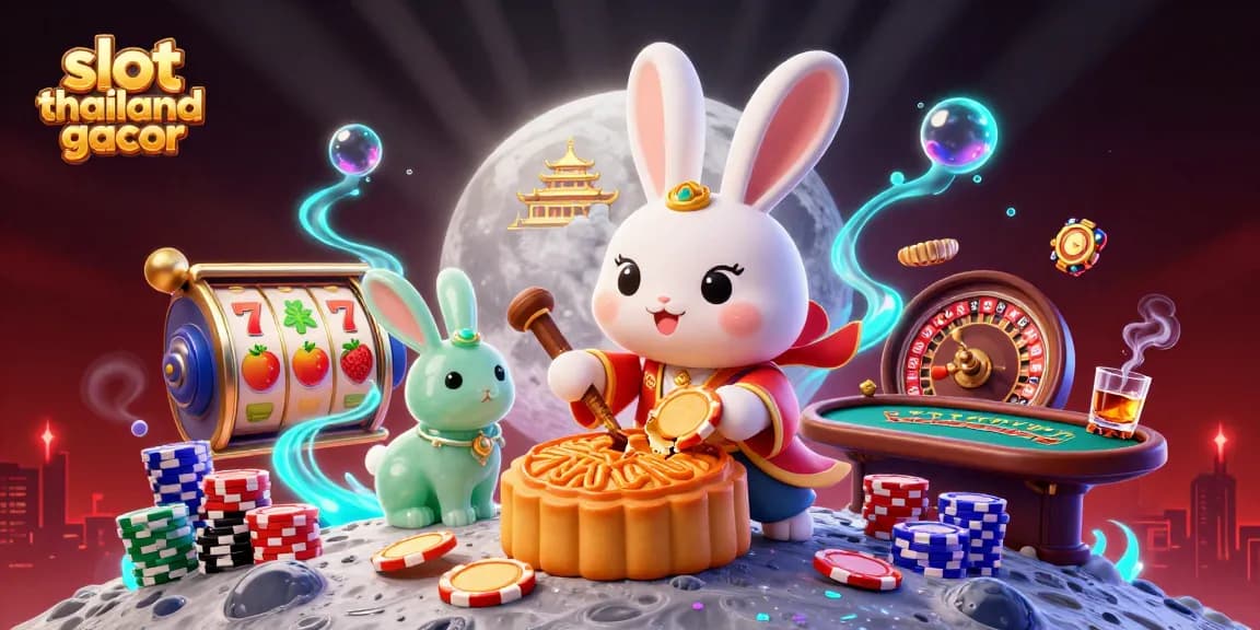 Spin for wins in vibrant slot thailand gacor-themed moon rabbit illustration featuring dynamic casino elements.