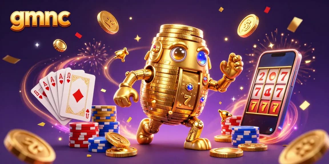 Spin the reels with gmnc, showcasing an ancient golden golem amid vibrant casino elements.