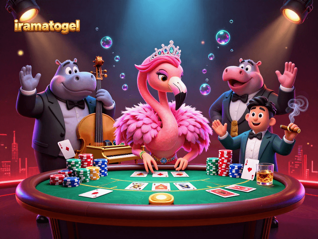 Menangkan permainan dengan iramatogel di meja poker yang dikelilingi karakter menghibur.