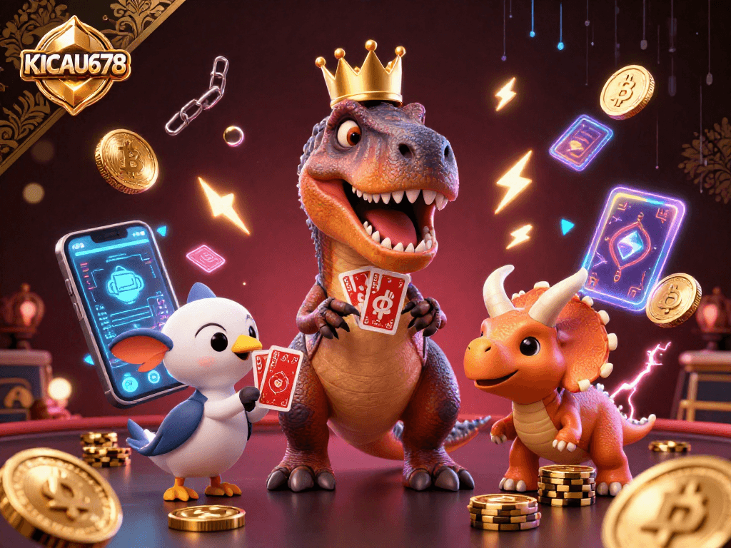 KICAU678 showcases a lively T-Rex and friends in a vibrant crypto casino setting, shuffling cards and stacking chips.