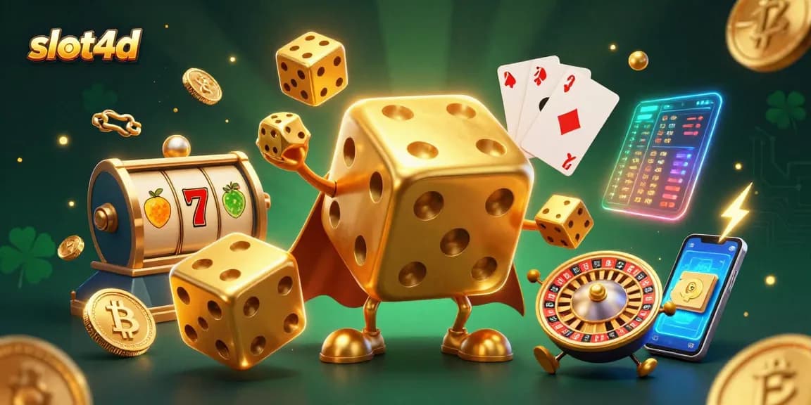 Mainkan slot4d dengan dadu emas dan simbol keberuntungan yang bersinar.