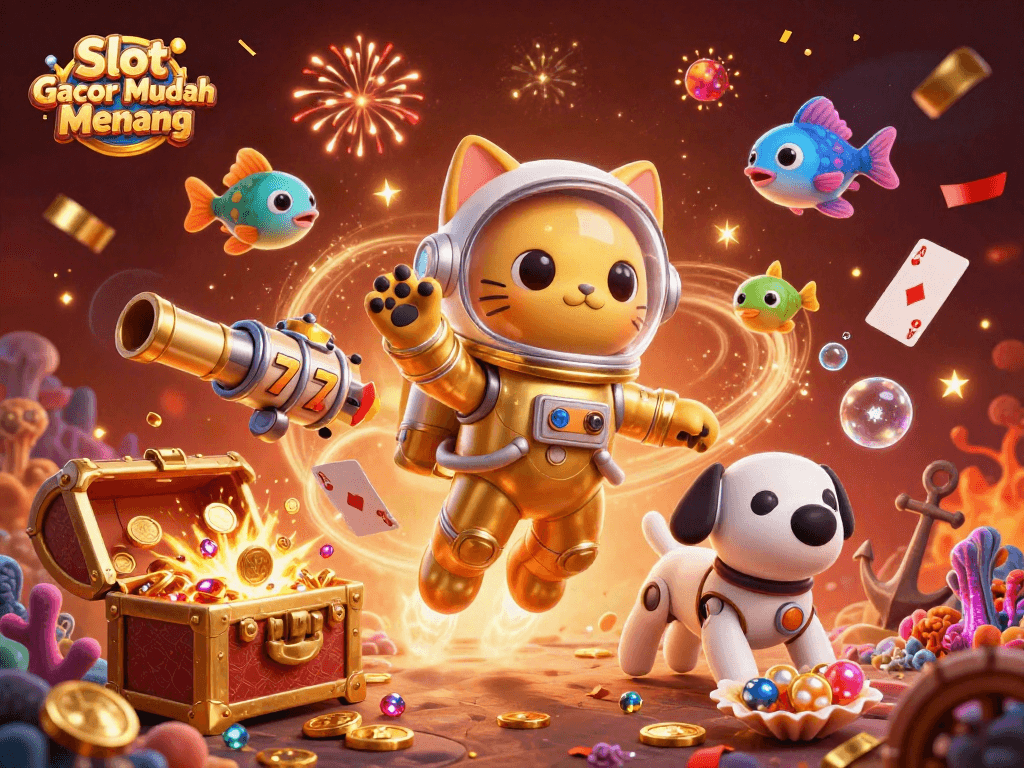 Permainan Slot Gacor Mudah Menang penuh harta dengan kucing astronot dan anjing robot di luar angkasa.