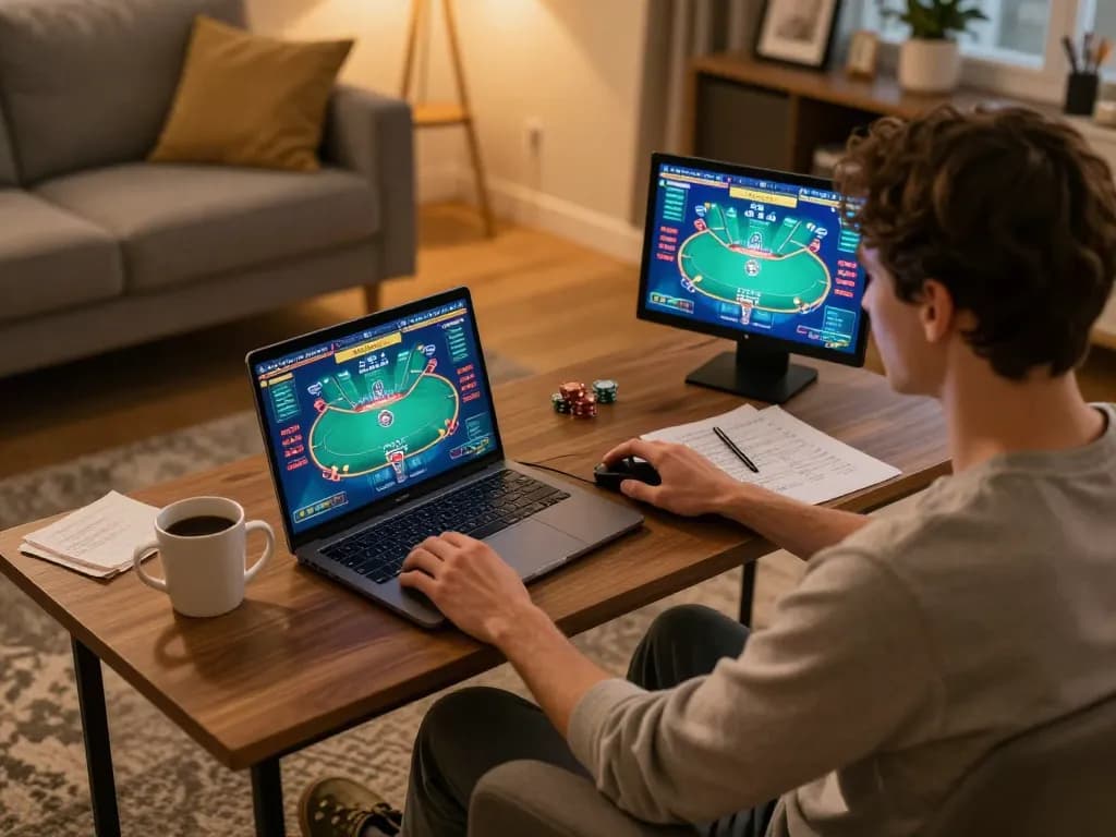 Engaging online poker game on laptop showcasing kuwin1 user strategies and betting