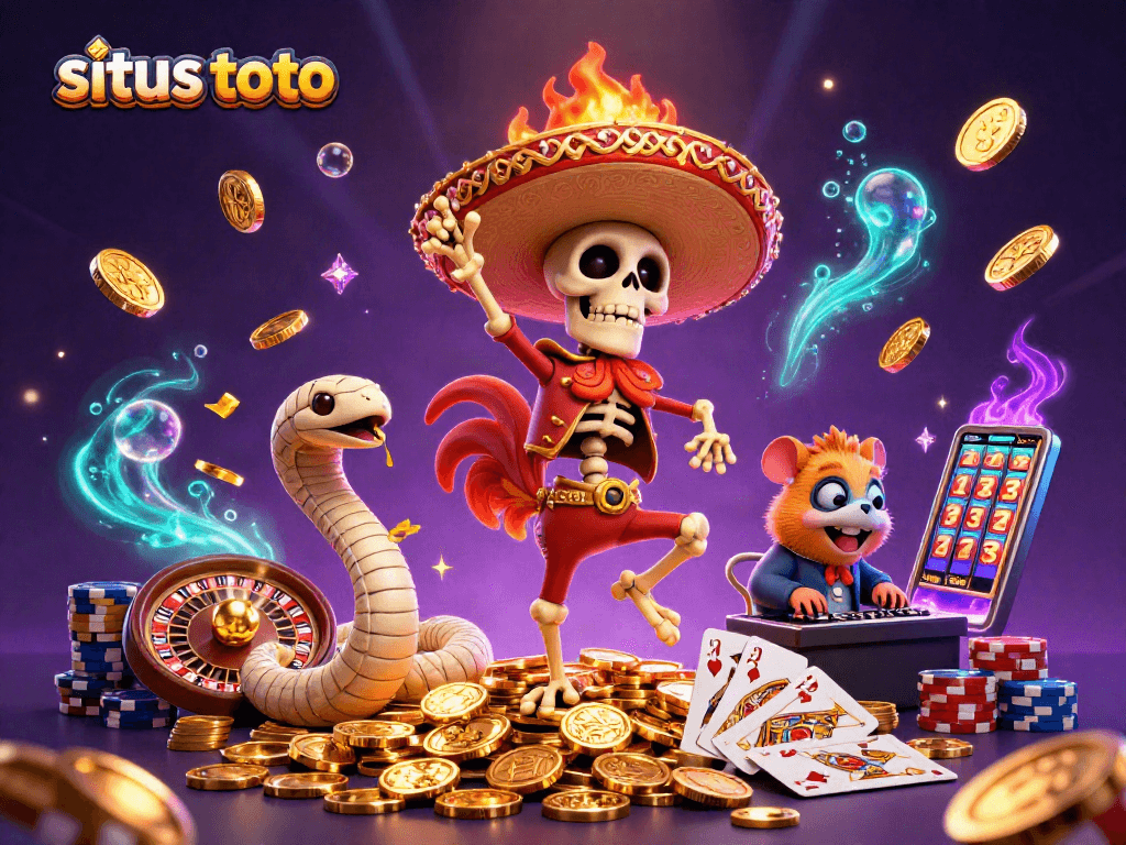 Merayakan kemenangan di situs toto dengan karakter kasino unik, koin emas dan permainan menarik.