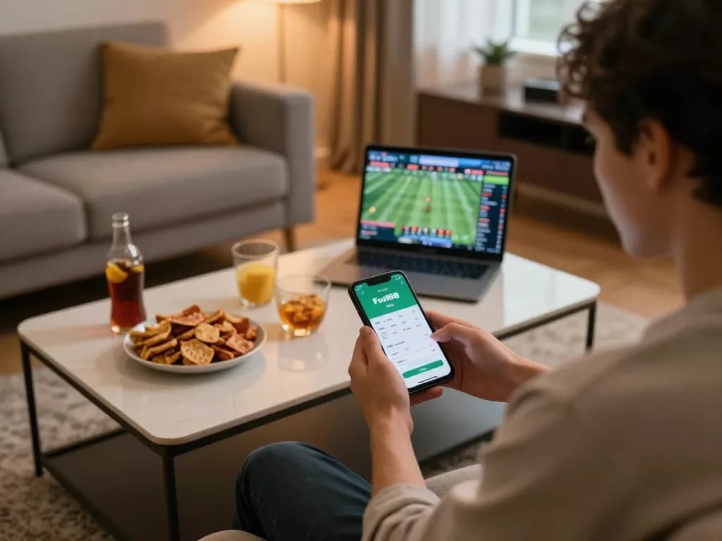 Engaging with the Fun88 mobile app while analyzing betting strategies in a cozy home setting.