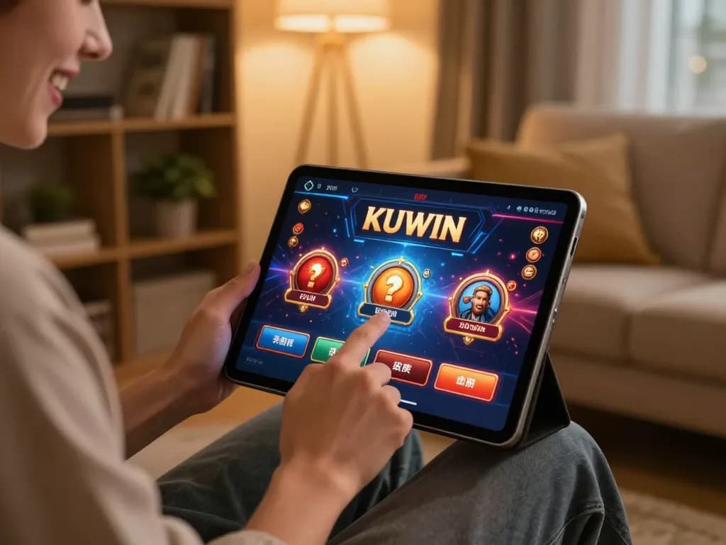 Kuwin online gaming interface displayed on a tablet in a cozy home setting, highlighting interactive gambling experience.