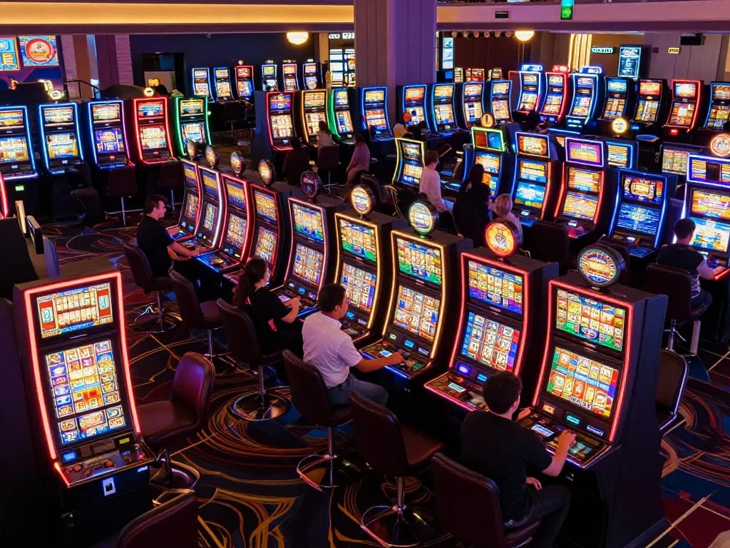 Dynamic scene of players engaging with slot machines in a vibrant casino environment.