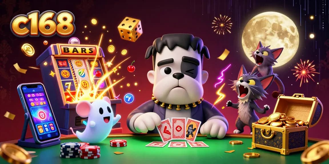Join the fun at c168 with a lively 3D illustration featuring casino games and characters.