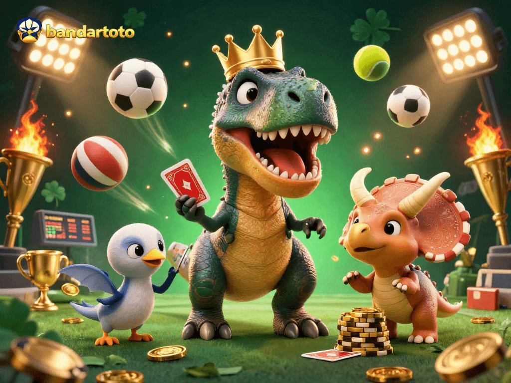 Experience the excitement with bandartoto as a T-Rex shuffles cards surrounded by sports elements.
