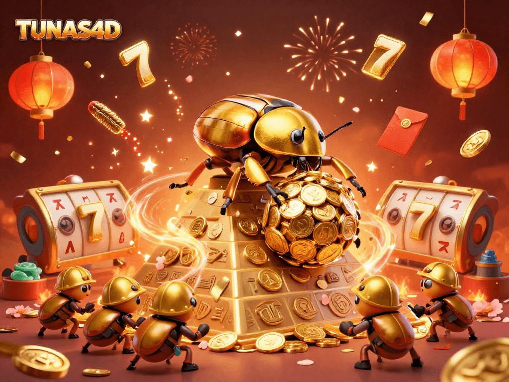 TUNAS4D showcases a massive golden dung beetle rolling coins up a pyramid, emphasizing exciting slot gaming.