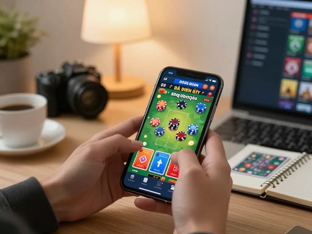 Play game bài đổi thưởng on mobile, highlighting smartphone interface and dynamic gameplay actions