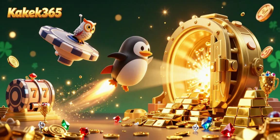 Kakek365 brings excitement as a golden penguin blasts through space towards a casino chip station amidst treasures.