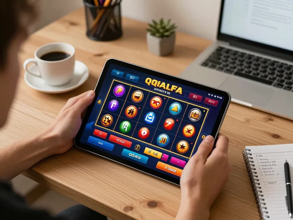 Exciting QQALFA online gaming session featuring tablet display with vibrant casino options and strategy notes.