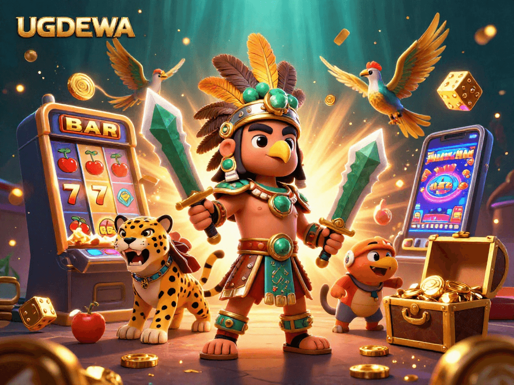 Experience thrilling UGDEWA adventures with Aztec warriors and vibrant casino elements.