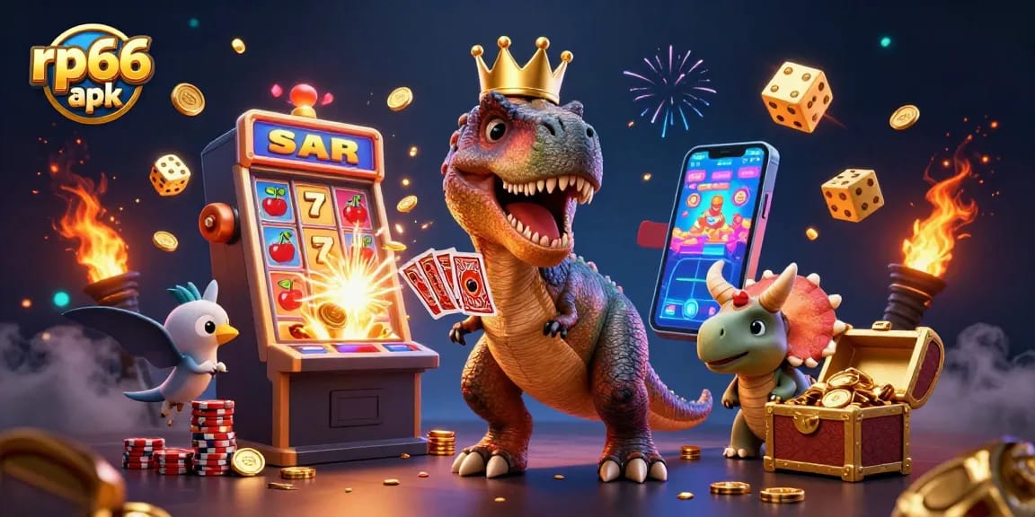 Experience rp66 apk gaming excitement with T-Rex shuffling cards and winning jackpots!