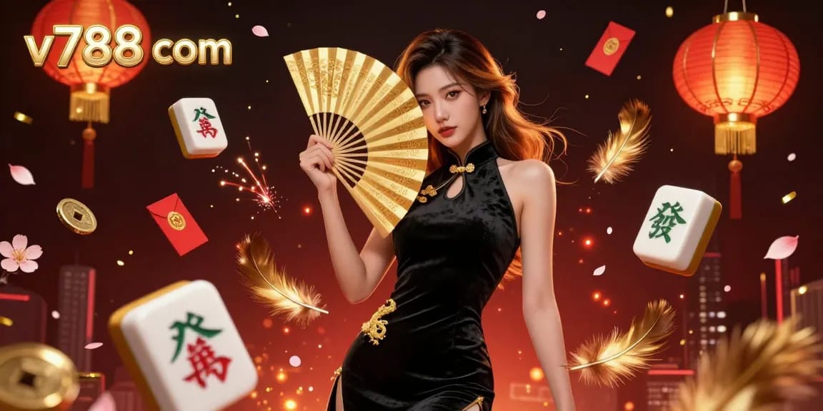 Experience thrilling wins at v788 com with this vibrant Asian casino illustration showcasing dynamic gambling elements.