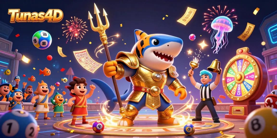 Tunas4D menampilkan karya seni ilustrasi digital 3D dengan karakter hiu kartun bertema perjudian, dikelilingi oleh bola lotere yang mewarnai suasana meriah.