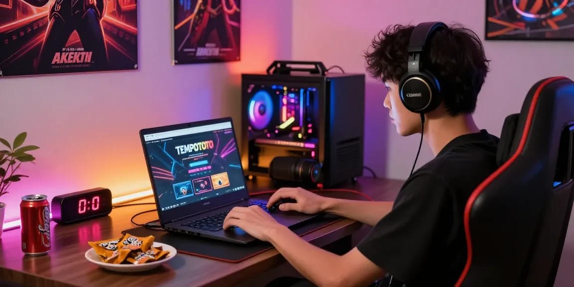 Engaged gamer on laptop exploring situs toto with vibrant LED lights.