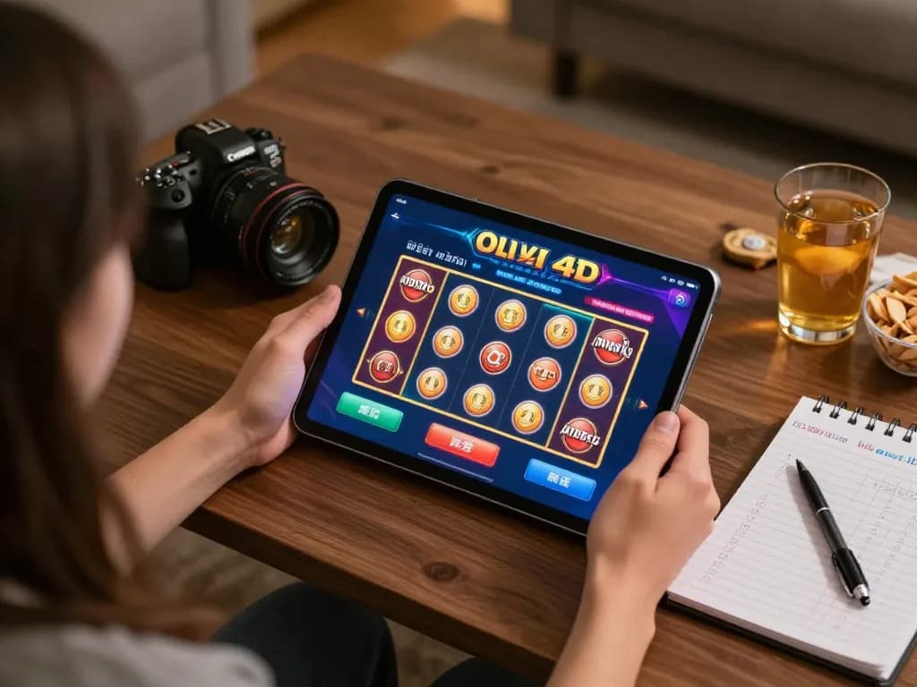 Engaging with oli 4d online casino on a tablet in a cozy home setting