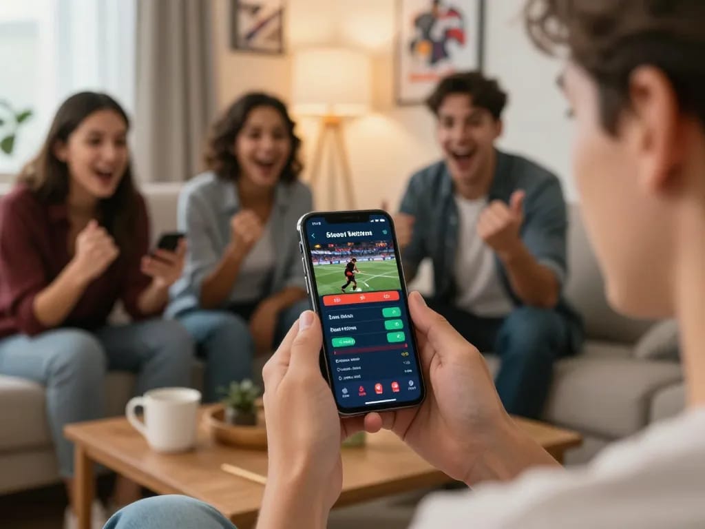Engaging in live sports betting on mobile with friends, showcasing uu 88's interactive features.
