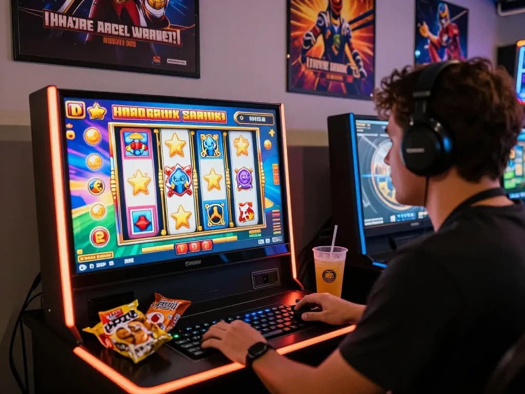 Pemain menikmati pengalaman permainan slot di platform online virus88, dikelilingi oleh grafik yang hidup dan suasana yang menarik.