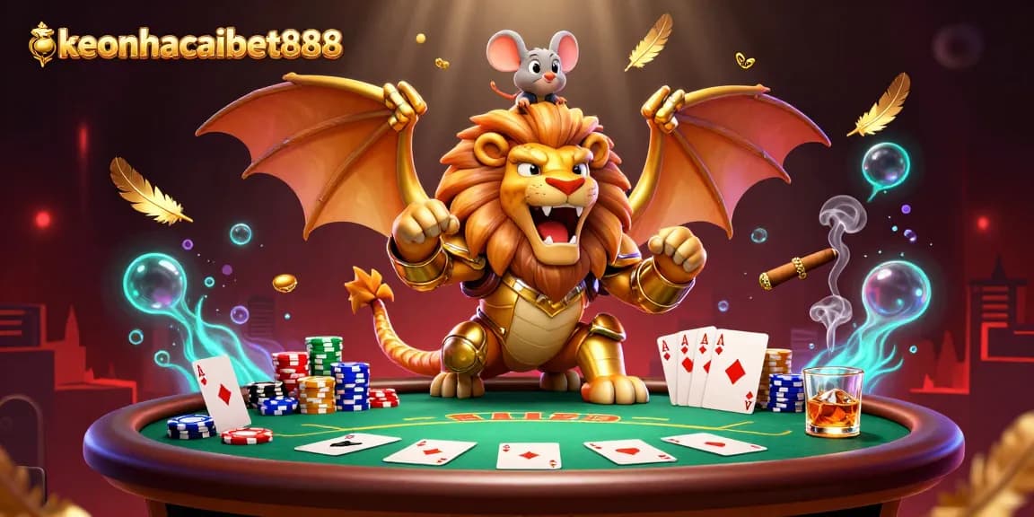 Engage with keonhacaibet888's dynamic casino experience featuring a triumphant chimera and poker action elements.