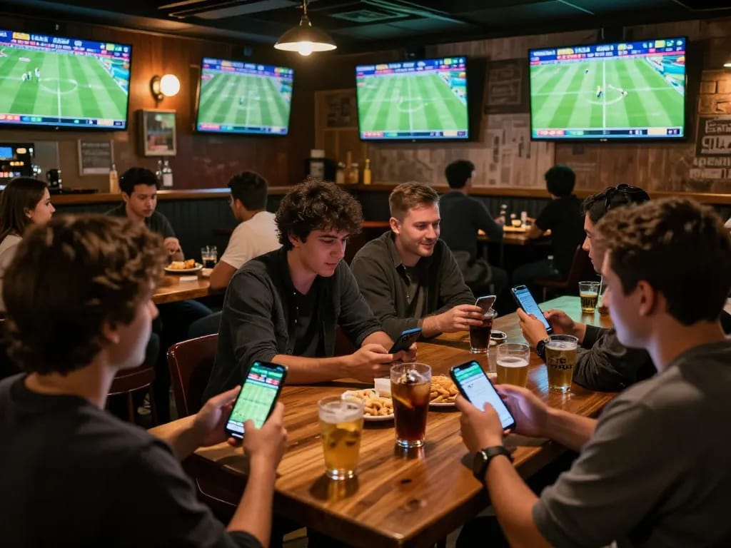 Engaging sports betting moment at a bar with patrons using the vuasanco app for betting updates