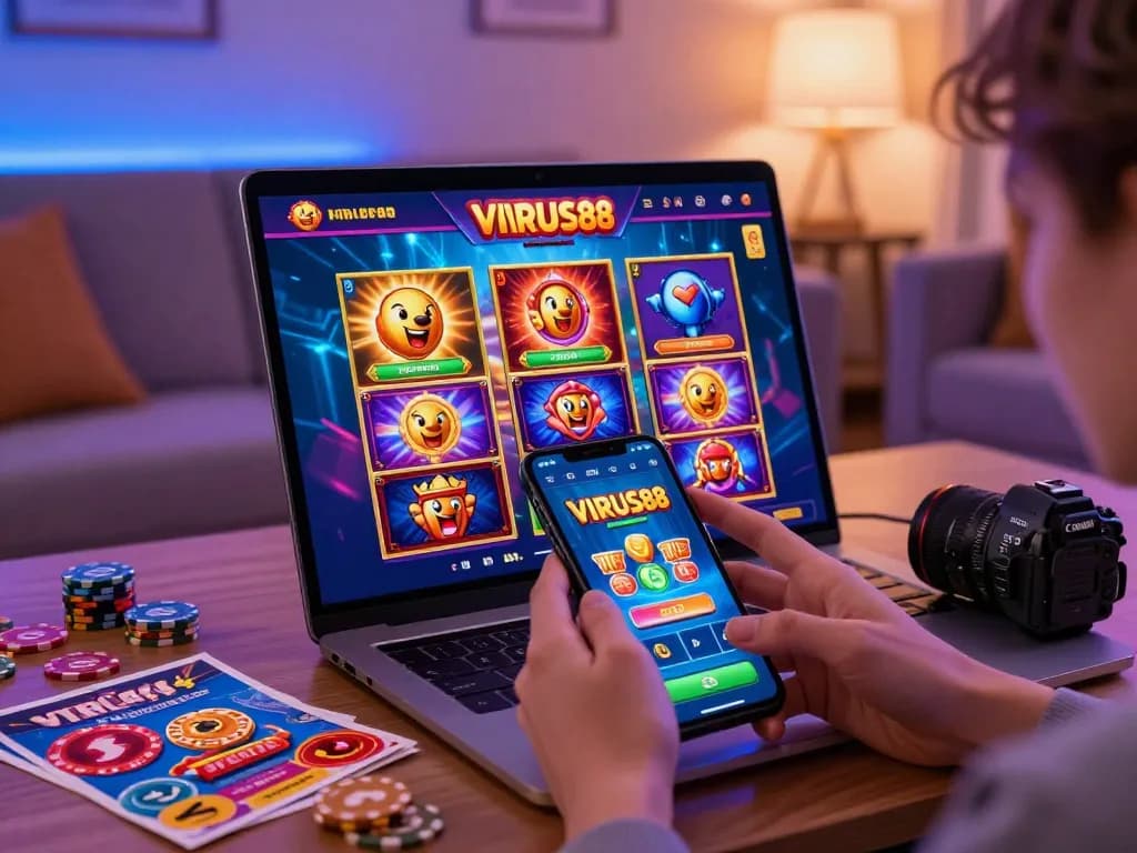 Pemain yang terlibat menjelajahi slot online VIRUS88 di smartphone dengan grafik yang berwarna-warni.