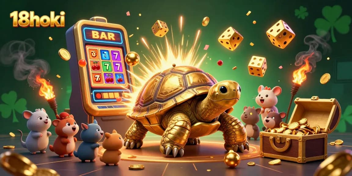 Experience the excitement of 18hoki with a lively casino scene featuring animated characters and vibrant game elements.