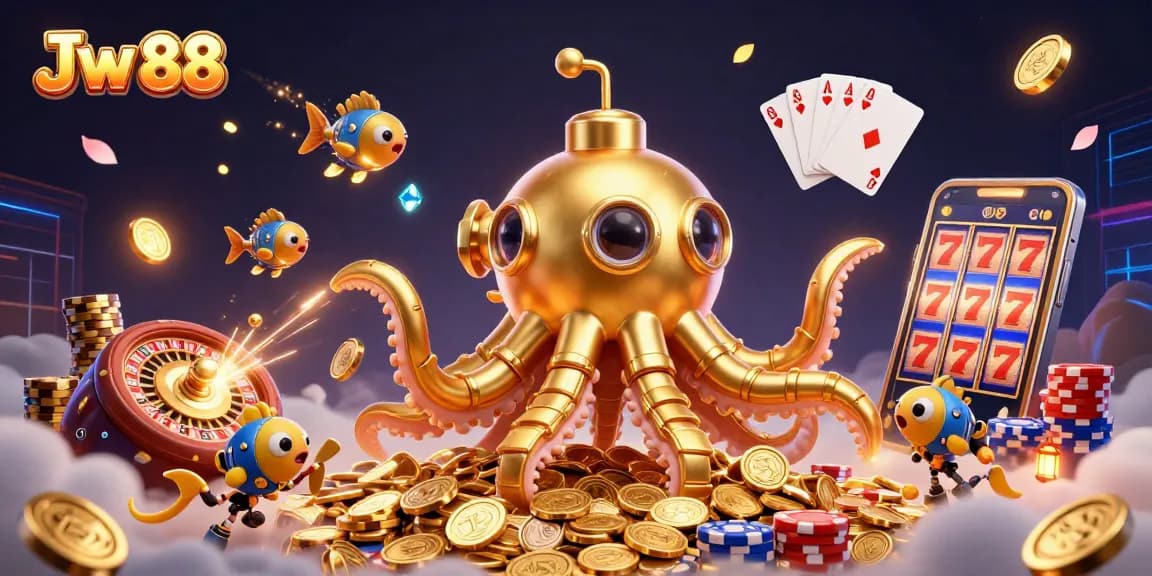 Spin to win at Jw 88 with an exhilarating 3D casino experience featuring a golden kraken and vibrant elements.