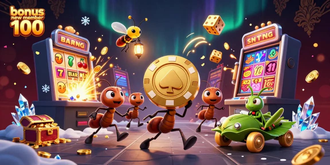 Manfaatkan bonus anggota baru 100 dengan tim kartun semut yang membawa chip poker emas dan mesin slot 3D.