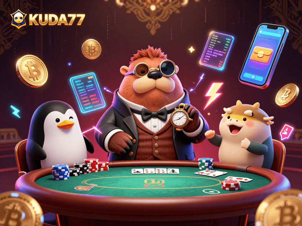 Kuda77 menunjukkan pemain poker beruntung dengan chip dan kartu di meja, beraksi di kasino yang penuh suasana menarik.