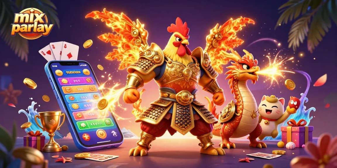 Menangkan taruhan mix parlay dengan ilustrasi tiga dimensi karakter peperangan ayam dan naga berapi, dikelilingi elemen taruhan.